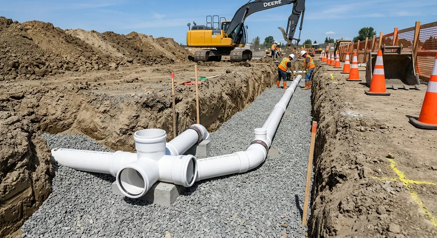 New PVC sewer pipe installation in open trench for Sewer Backup in Chestnut Ridge