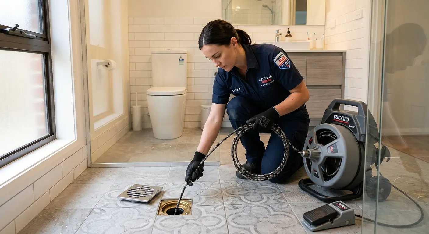 Technician clearing a bathroom floor drain for Drain Repair in Chestnut Ridge